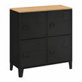 Industrielles Beistellbuffet Ester mit 4 Metalltüren und Holzplatte, 70 cm, Schwarz