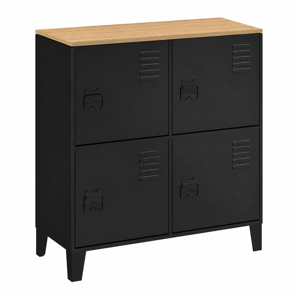 Industrielles Beistellbuffet Ester mit 4 Metalltüren und Holzplatte, 70 cm, Schwarz