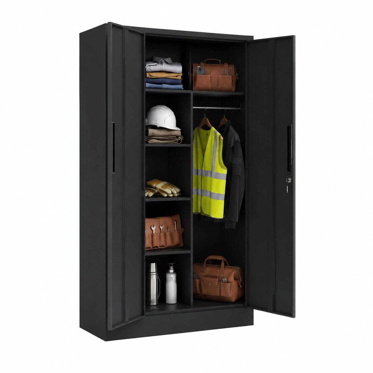 Stabiler Metallschrank mit 6 Fächern und Kleiderstange – Abschließbarer Garderobenschrank in Schwarz – Vielzweckschrank mit Doppeltüren 175x40x80 cm