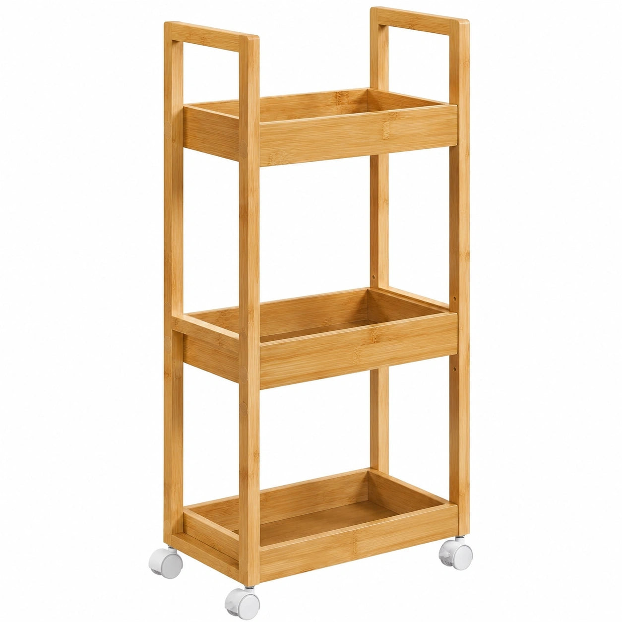 Bambus-Rollwagen mit 3 Ebenen, schmales Badezimmerregal, platzsparend, 20 x 30 x 80 cm, naturbeige