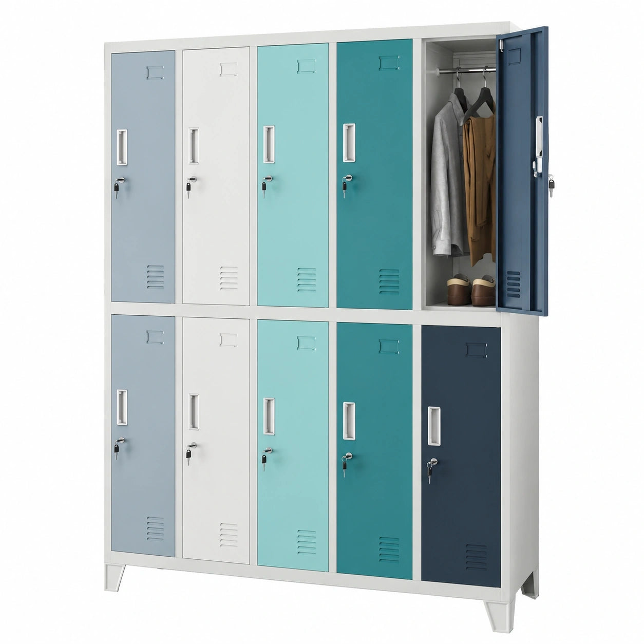 Metal Spindschrank mit 10 Fächern, Etikettenhalter und Lüftung, 172 x 136 x 45 cm, mehrfarbig