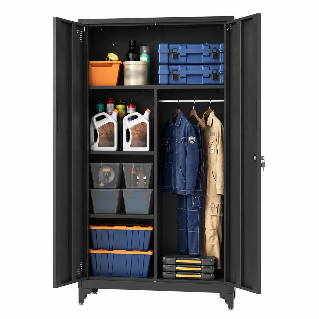 SONGMICS Metallschrank mit Doppeltüren und Hängestange, abschließbarer Mehrzweckschrank mit 5 Fächern, Mattschwarz, 80 x 40 x 165 cm