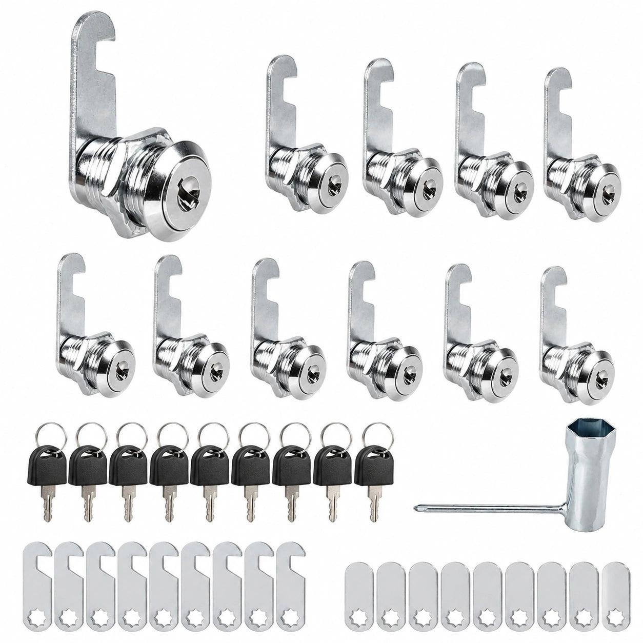 10er Set Zylinderschlösser 20mm mit 2 Schlossplatten und 20 individuellen Schlüsseln, Möbelschloss für Schubladen und Schränke