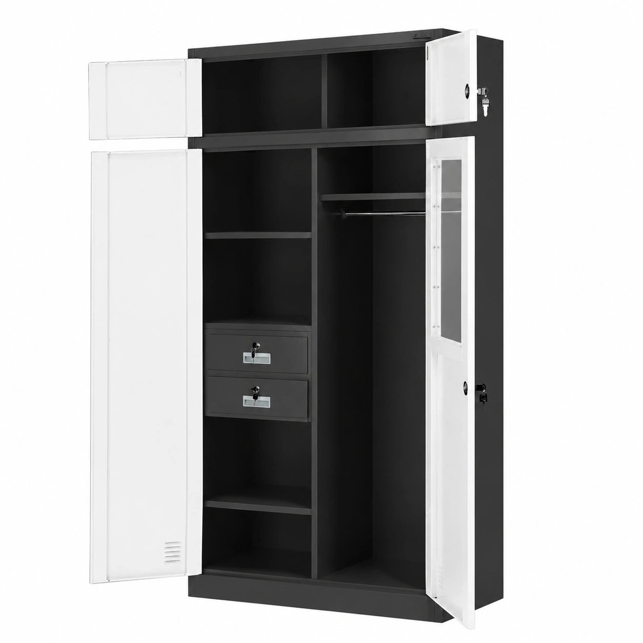Moderner Mehrzweck-Aktenschrank mit Geheimfach und Spiegel, abschließbar, 185x90x50 cm, Anthrazit/Weiß
